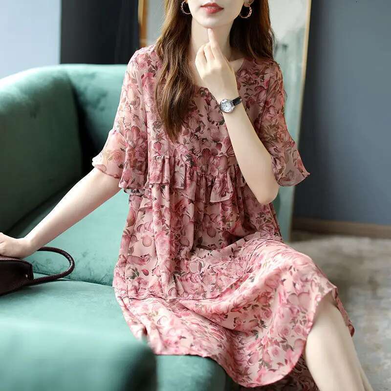 Elegant O-Neck Spliced Loose Ruffles Flare Sleeve ral Women's Clothing 2024 Summer New All-match Casual Midi Dress