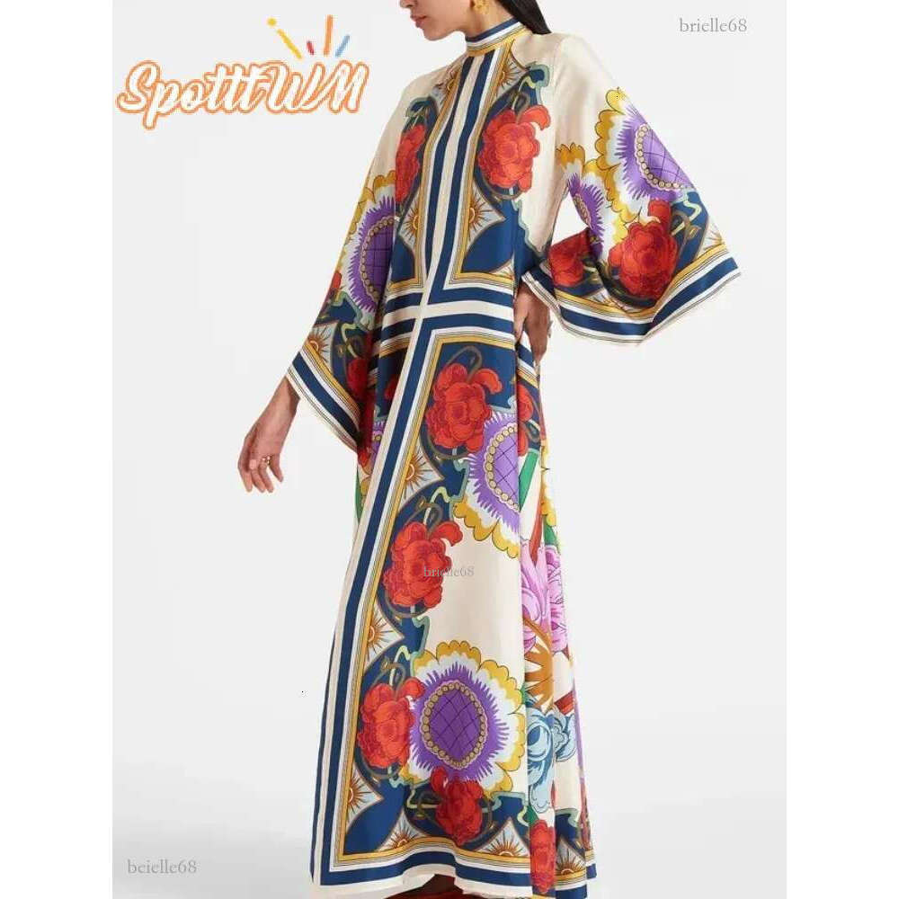 Vintage Print Spliced Maxi Dress With Ribbon Women Casual V Neck Flare Long Sleeve Dresses 2024 Summer Lady Elegant Party Robes 240603