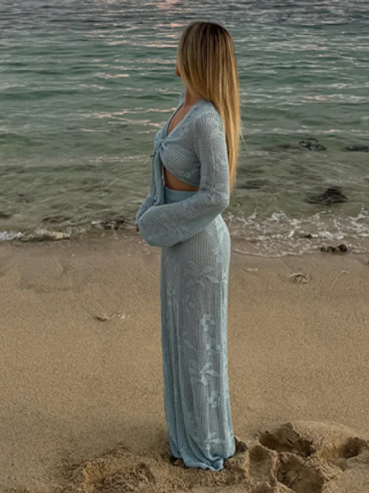Women Elegant V Neck Full Sleeve Knit Lace Up Top Sets Chic High Waist Blue Print Slim Fit Long Skirt Suit Lady Beach Outfit 250324