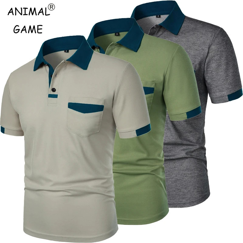 mens short sleeved solid color polo shirt with pockets breathable and loose basic lightweight top 250326