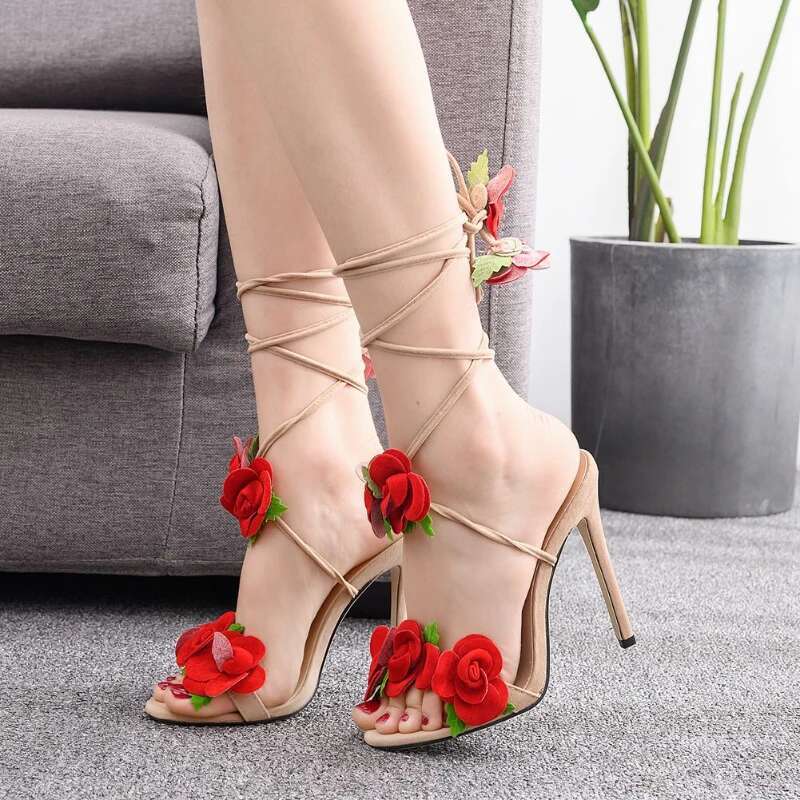 2024 New Satin Rose Cross Straps Round Head Fine Super High Heel Large Size Strappy Women's Sandals Wedding Shoes
