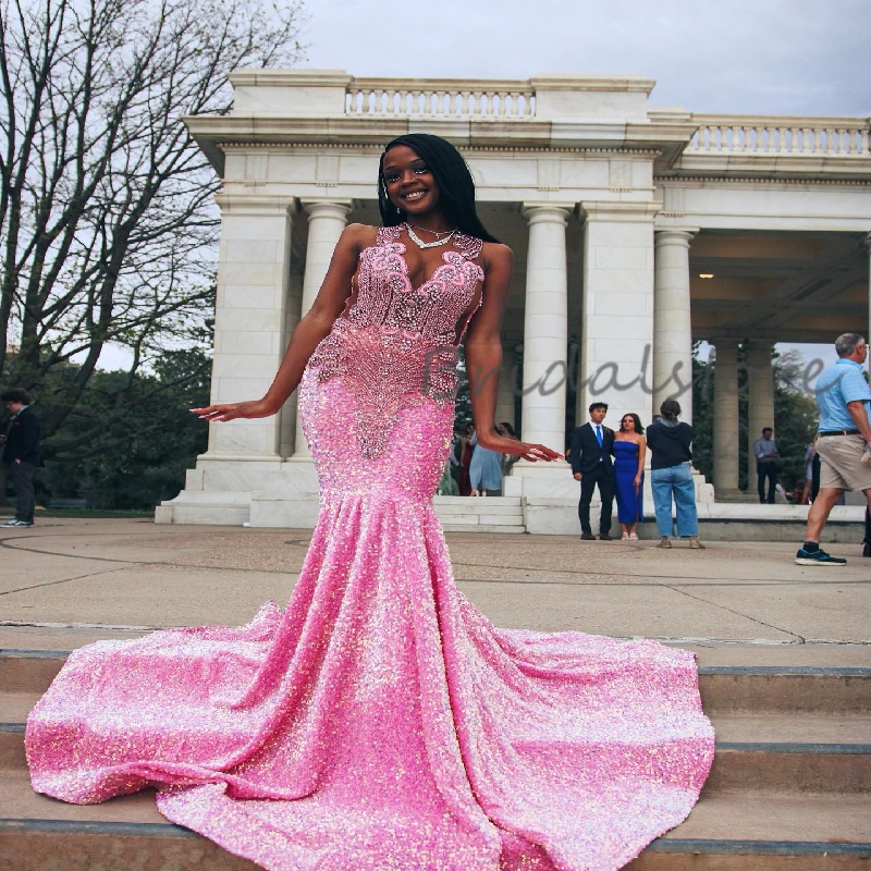 Full Sequined Pink Prom Dress With Rhinestone Mermaid Sparkly Evening Dress Beaded Black Women Formal Birthday Party Dress 2025 African Bespoke Occasi