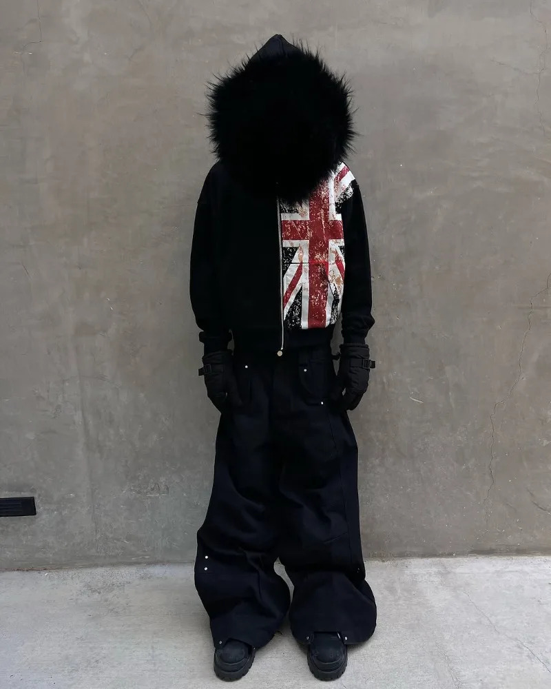 Y2K Warm Zipper Hoodie Vintage Harajuku Flag Pattern Printed Fluffy Fashion Gothic Mens Casual Clothing 250326