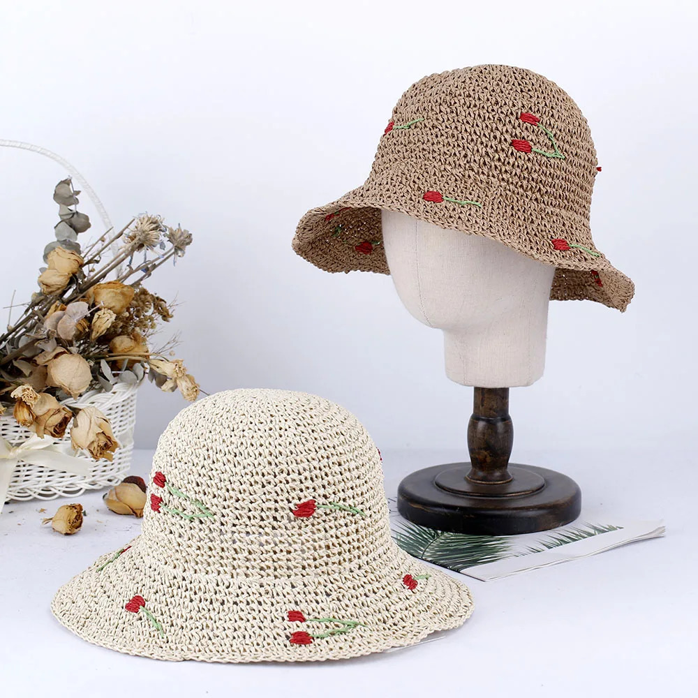 2025 Girl fashion Style bucket hat cherry Foldable Sun Crochet Hat For Beach Travel And Vacation handmade straw hat 250326