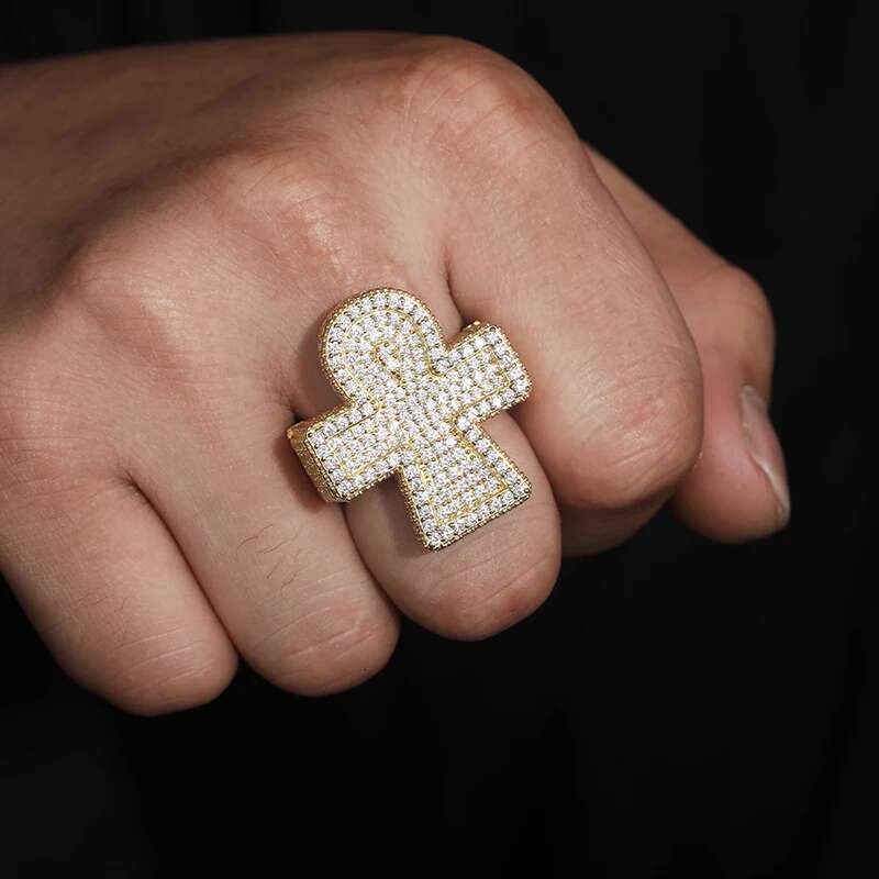 TUHE Unisex Hip Hop 925 Silver Cross Ring Moissanite Stone Iced Out Rings For Men Hip Hop Gifts