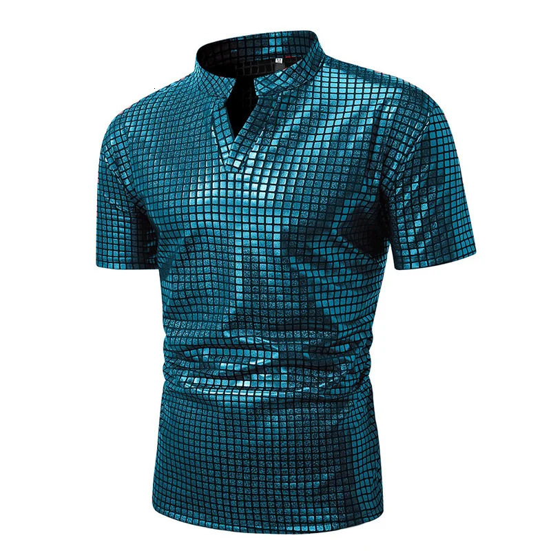 Summer mens standing neck polo shirt fashionable daily casual lightweight breathable small elastic checkered floral pattern 250326