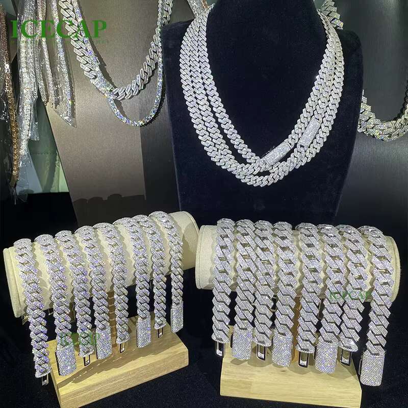 Fine Jewelry 12MM 2Rows 925 Sterling Silver Moissanite Chain Iced Out Jewelry Cuban Chain Men Women Cuban Moissanite Bracelet