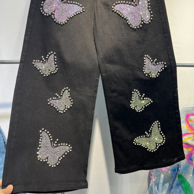 Heavy Industry European Style Beaded Diamond Bow Wide Leg Casual Jeans 2025 Early Spring Cool Black Dress 250317