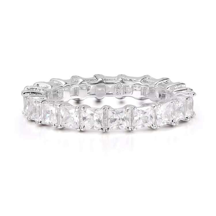 Rhodium Plated Bride Jewelry S925 Silver Eternity Diamond Engagement Tennis Ring Cubic Zirconia Wedding Baguette Band Ring