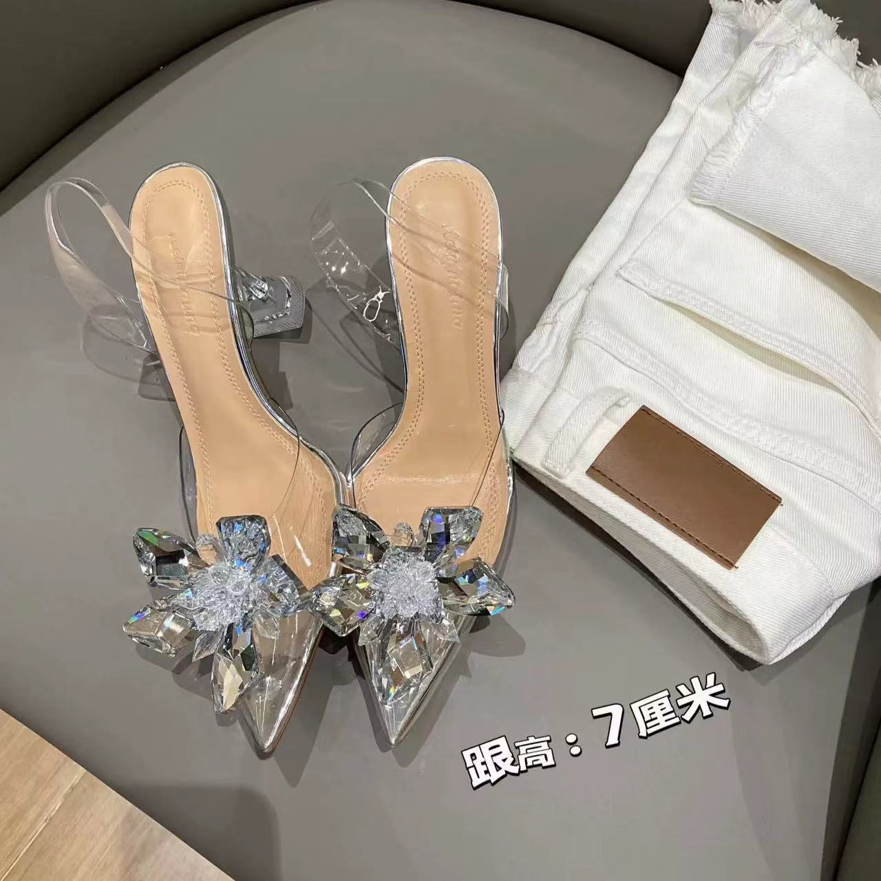 2024 Summer New Exquisite Transparent Crystal Flower High Fairy Water Diamond Fine Heels, Pointed Toe Hooded Sandals for Women