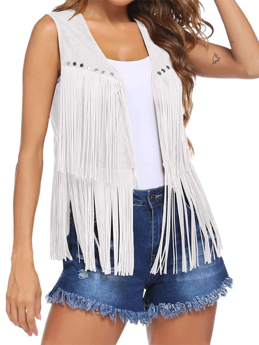 Vintage Women Tassel Vest 70S Hippie Faux Suede Rivets Sleeveless Fringe Jacket Waistcoat Streetwear S-Xxxl