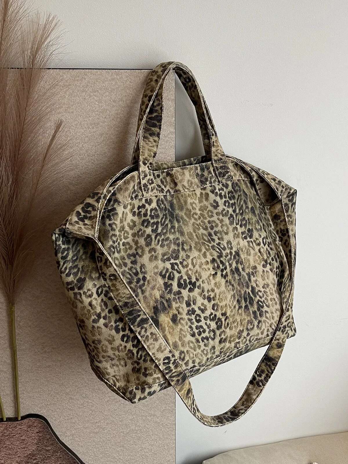 NEW Leopard Pattern Tote Vintage Canvas Shoulder Bag Fashion Big Capacity Handbag For School Work Shopping