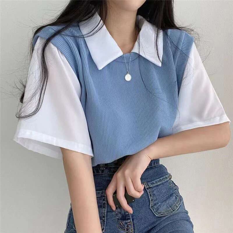Ddmyshoesvip Women S Summer Fake Two Piece Lapel T Shirt Sweet College Style Girly Color Contrast Shrot Sleeve Casual Versatile Tops