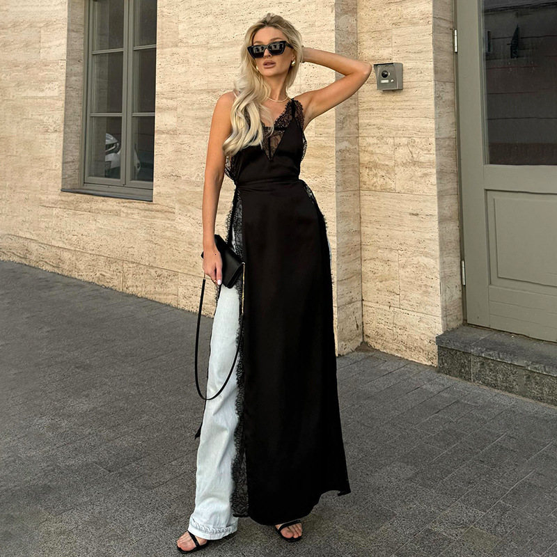 2025S Fashion Designer Y DS Women S Spring Summer New Solid Color Sleeveless Lace Splicing Strap Split Dress