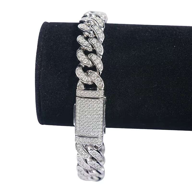SICGEM Miami Moissanite Cuban Link Chain 925 Silver Stainless Steel Iced out Necklace and Bracelet Set in Gold