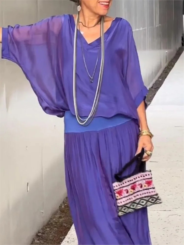 Womens sexy V-neck short sleeved top wide leg pants set summer chiffon casual set casual loose street two-piece set 250321