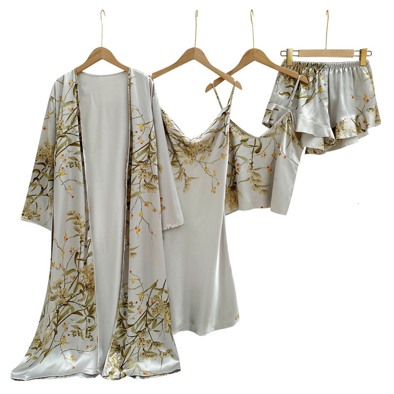 Spring and summer home wear four piece printed style pajamas women's with suspender sleeved long sexy nightgown set