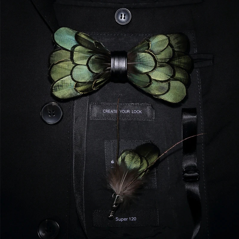 JEMYGINS Original Green Birds Feather Bow Tie Natural Hand Made Bowtie Brooch Wood Gift Box Set For Men Business Party Wedding 250319