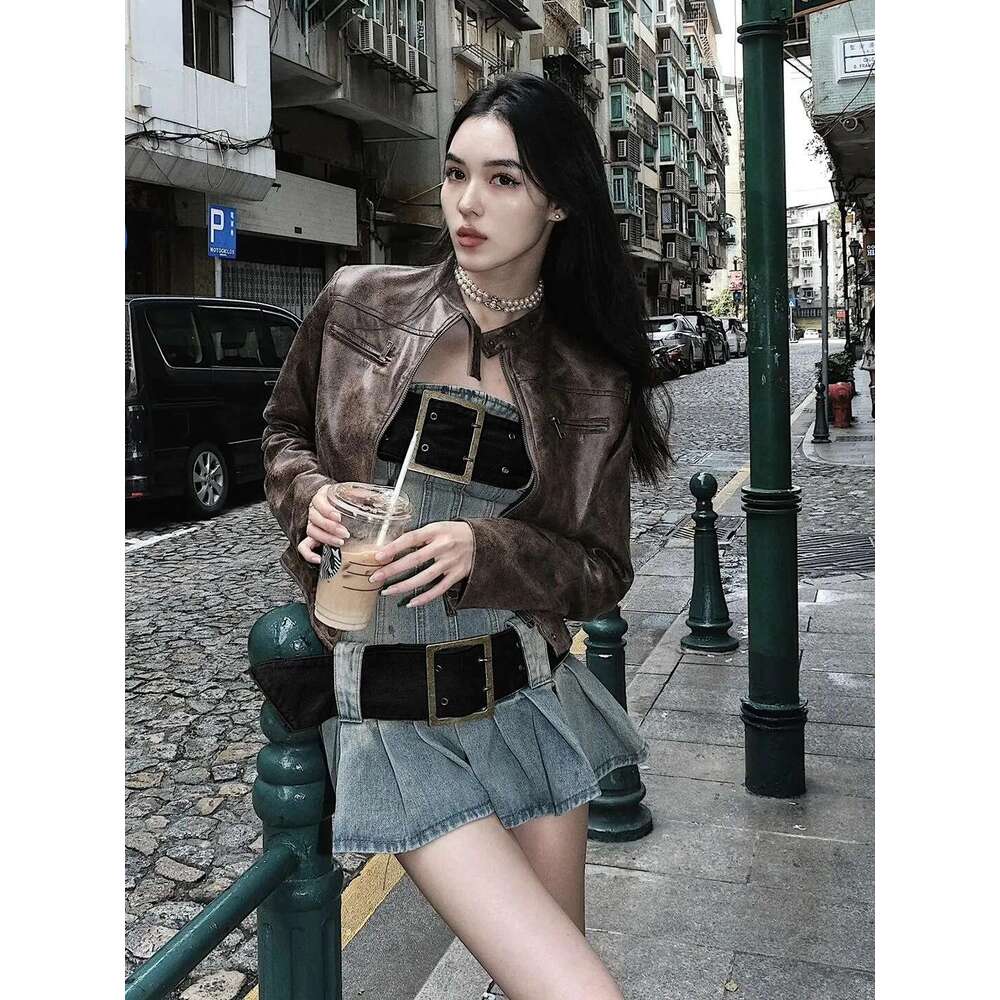 Jaded London Denim Dress Y2k Washed And Worn One Shoulder Spicy Girl Pleated Short Skirt