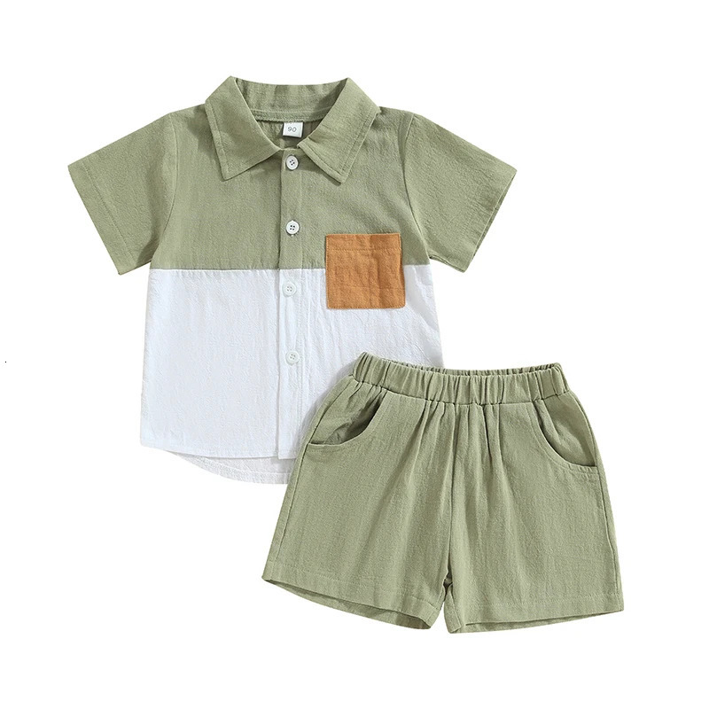 Boys Summer Fashion Set with Short Sleeve Pocket Shirt and Solid Color Shorts Turn-Down Collar Outfit for Kids 2-Piece Suit 250325