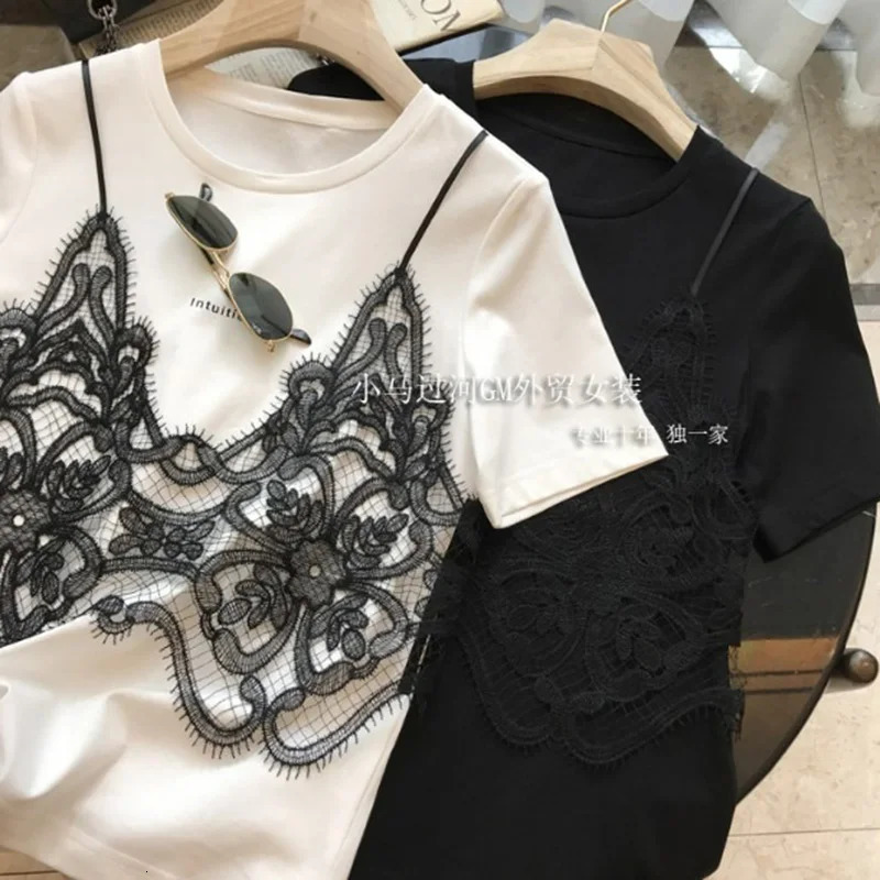 Summer Short Sleeve T-shirt Women Lace Sling Stitching Two-piece Tshirt Loose Round Neck Chic T-shirt 250321