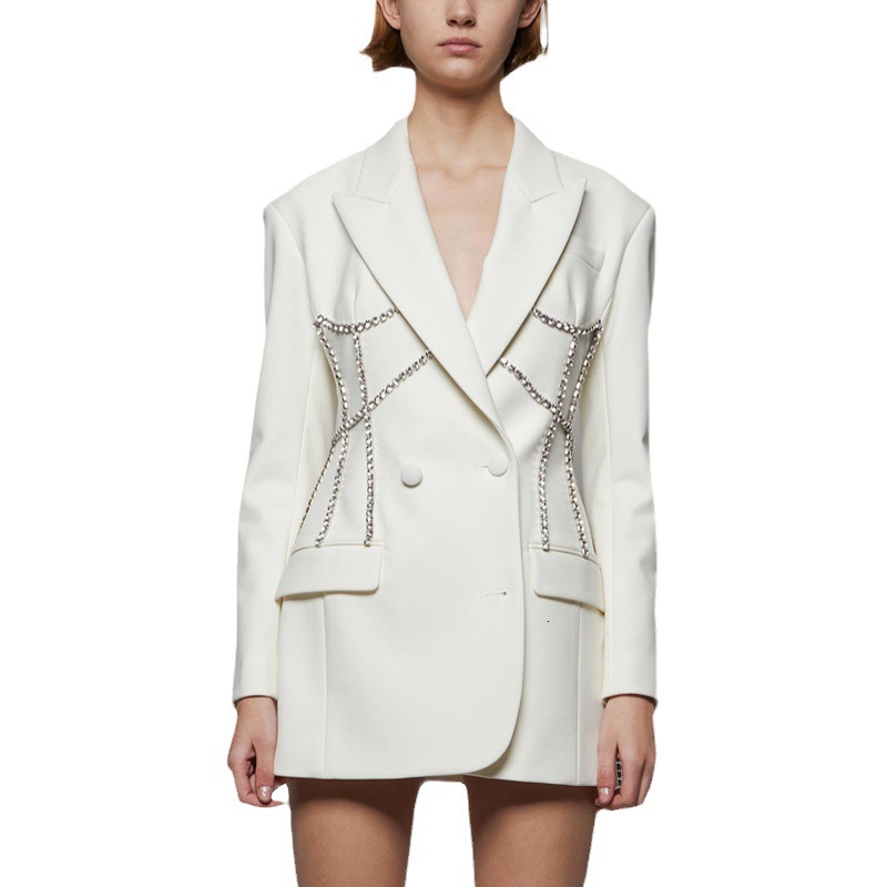 Autumn light luxury rhinestone decorated jacket for women, mid to long style, fashionable waist cinched small suit skirt 98192024