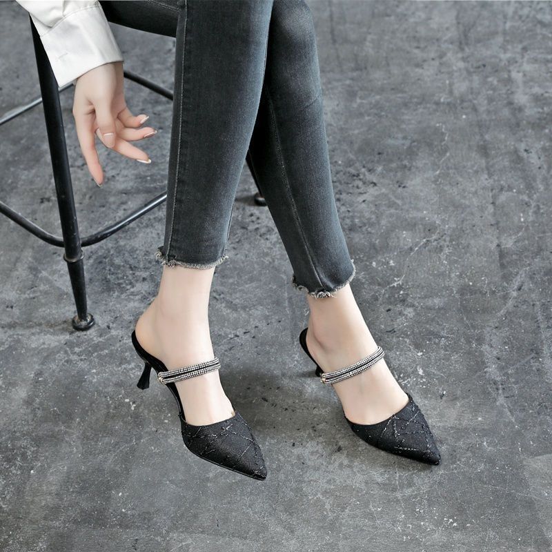 Baotou High Heel Sandals for Women Summer 2025 New Style Fine Heel Pointed Water Diamond Cold Slippers High Heel Shoes for Women