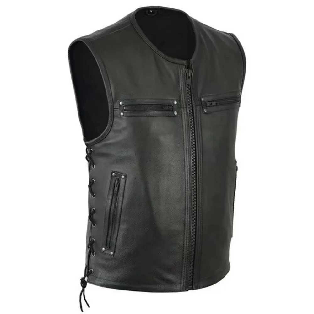 New Arrival new solid color mens motorcycle vest stand collar PU leather vest jacket team punk sleeves top mens large size 5XL Z250326