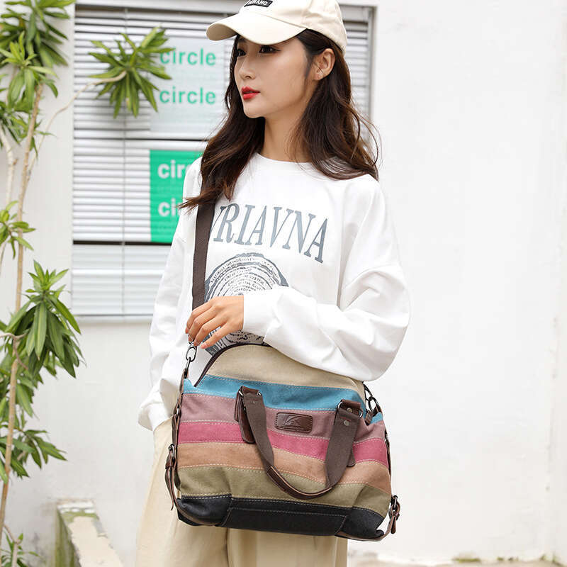 b9 2025 New Canvas Casual Fashion Art Academy Single Shoulder Diagonal Span Large Capacity Women's Color Contrast Splicing Bag