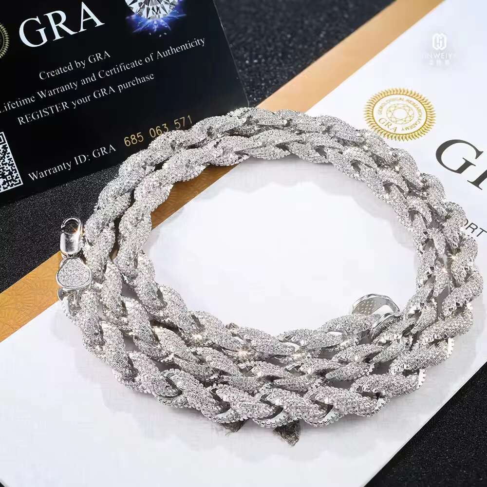 Luxury 8mm 12mm Moissanite Setting Rope Chain 925 Sterling Silver Chain Hiphop Iced Out Silver Twist Chain