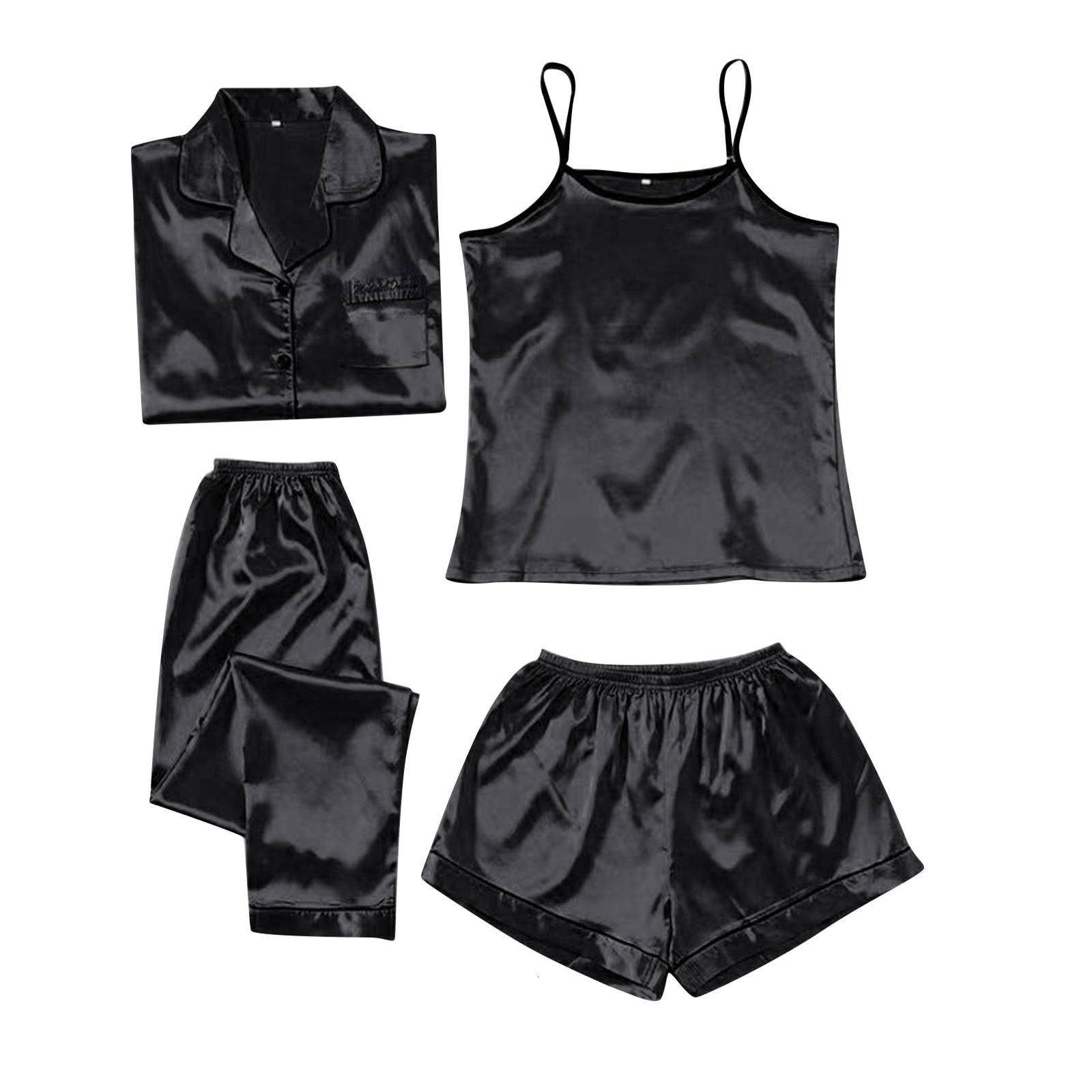 Spring/Summer Women's Home Clothing with Embroidered Fashion Strap Sleepwear Thin Four Piece Set