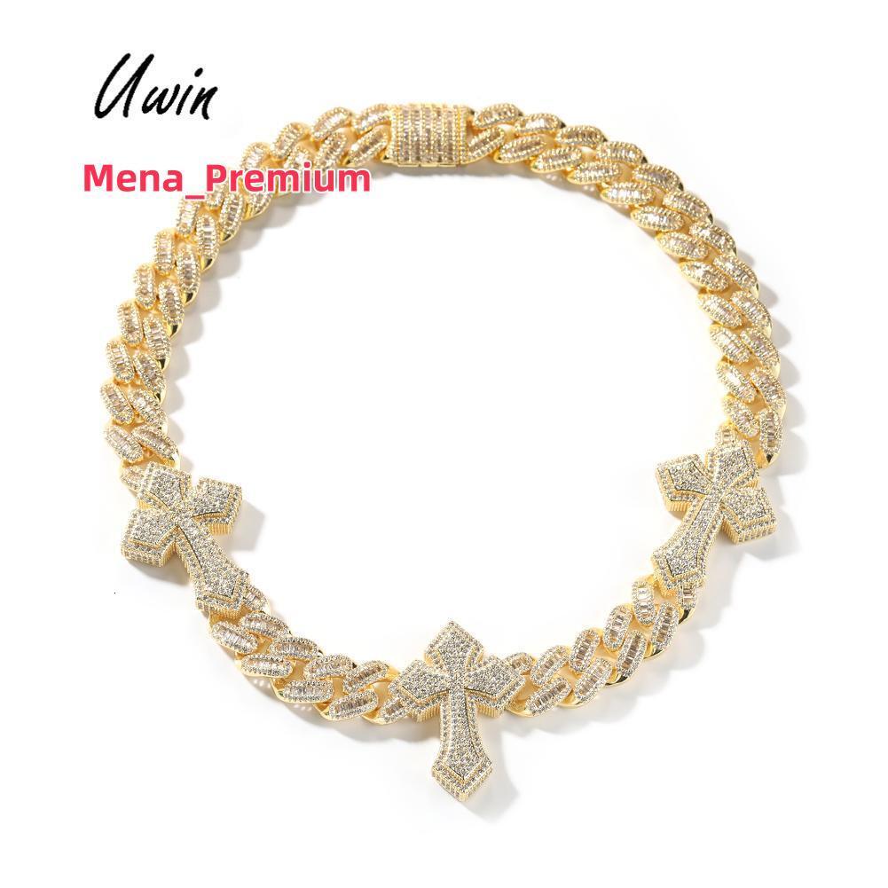 Cross With Cuban Chain 15mm Power Necklace Fashion Jewelry Necklace Two Tone Baguette Zircon Hip Hop Jewelry
