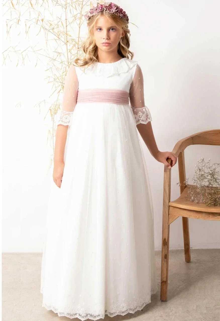 Elegant pastoral first communication dress floral girl dress bow waistband thin gauze decal wedding dress childrens birthday party dress W250326