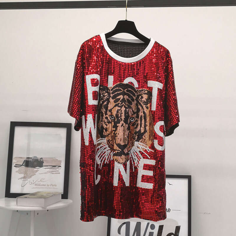 Trendy plus loose tiger head sequin embroidered T-shirt with round neck pullover, mid length top, women's clothing