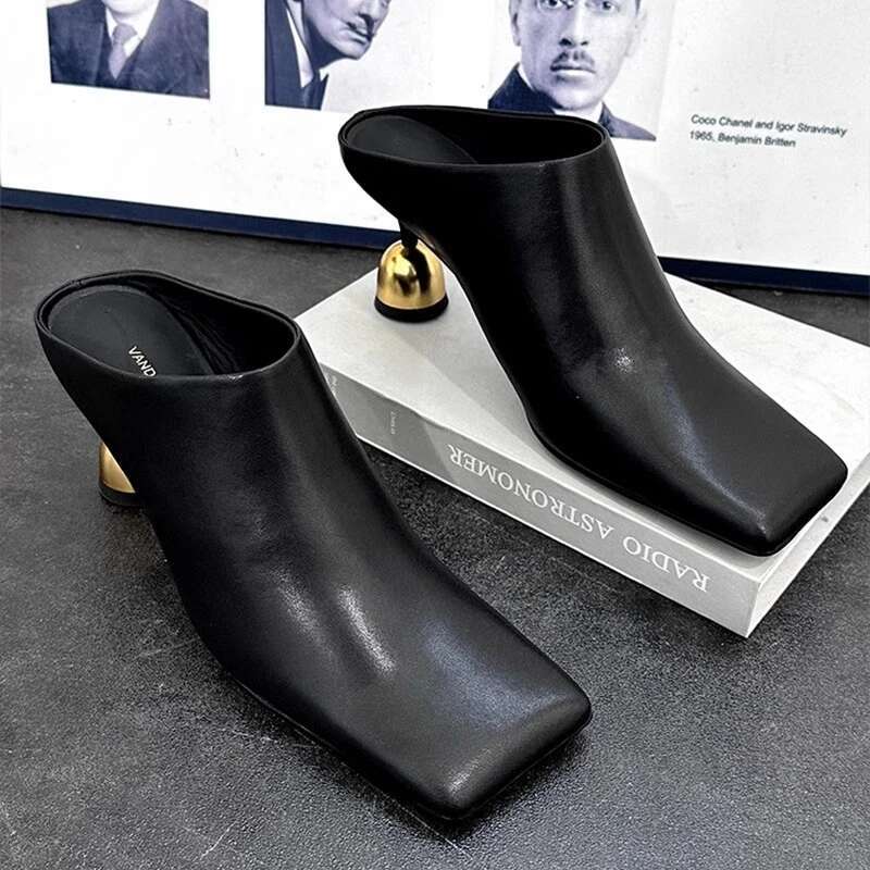 White Sheepskin Square Head Women's Slipper Baotou Textured Elegant Commuter Casual Simple Sense of Classic Wine Glass Heels New