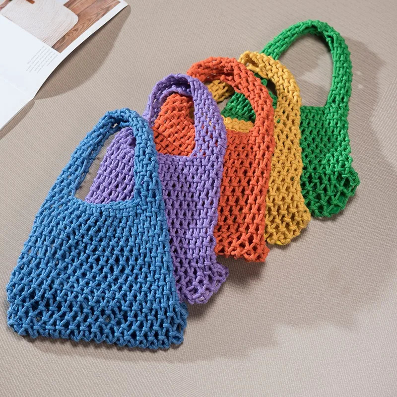 Pouch Candy Colored Makeup Bag Hand Woven Cotton Rope Handbag Tote Bags Knitting Crochet Womens Hollow Mesh Bag Side Bag 250325