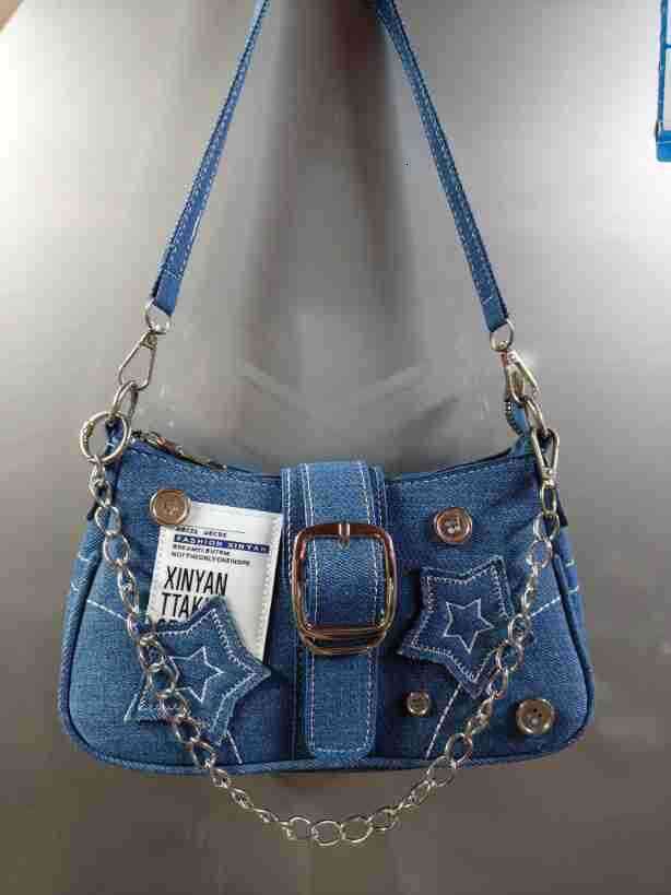 98 Star denim armpit high-end, spicy, fashionable, niche design, crescent bag, canvas handbag, chain bag