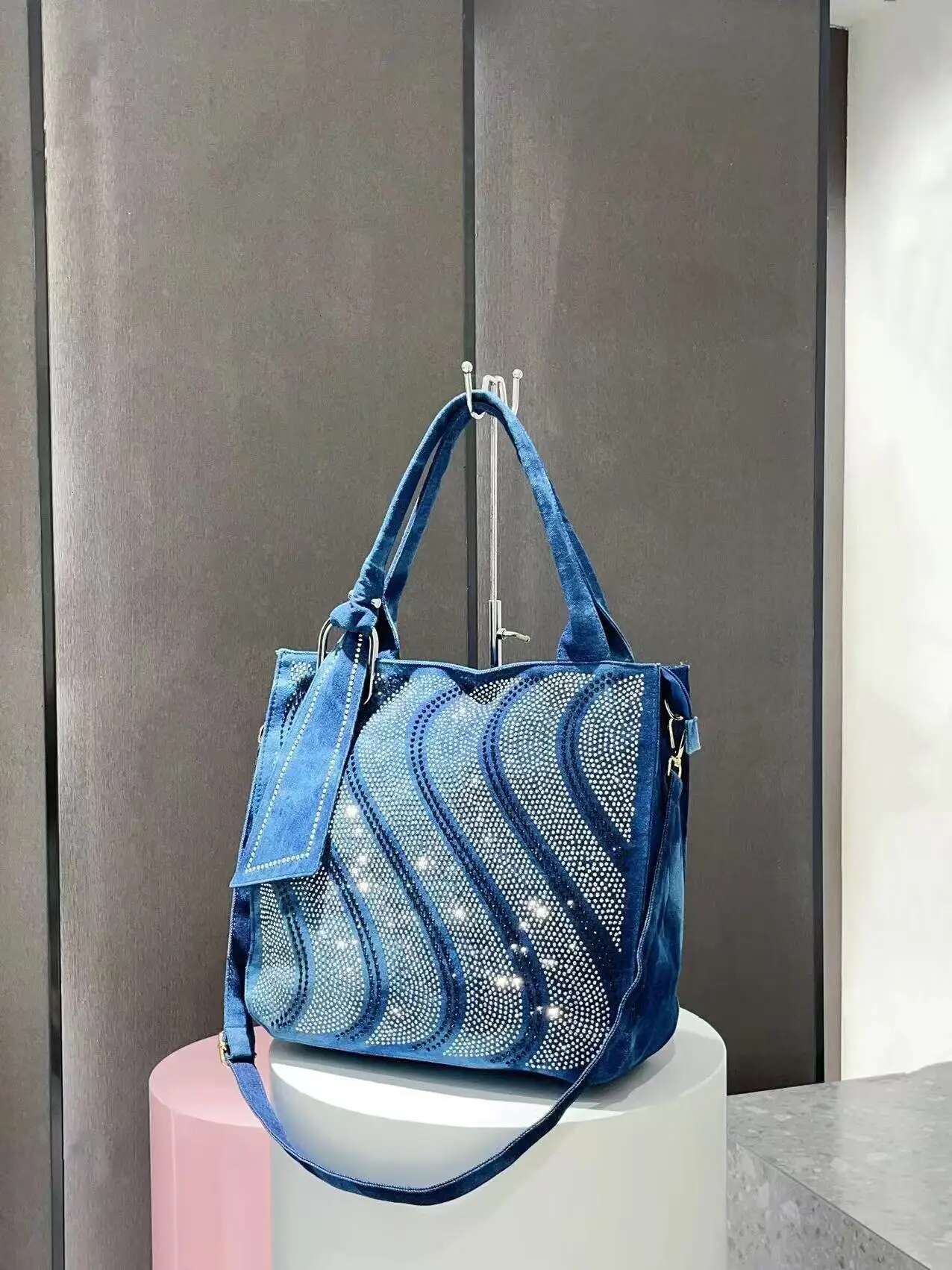 New Vintage Denim Jeans For Women Handbags Zipper Shine Rivets S Rhie Purse Woman Totes Female Shoulder Bag