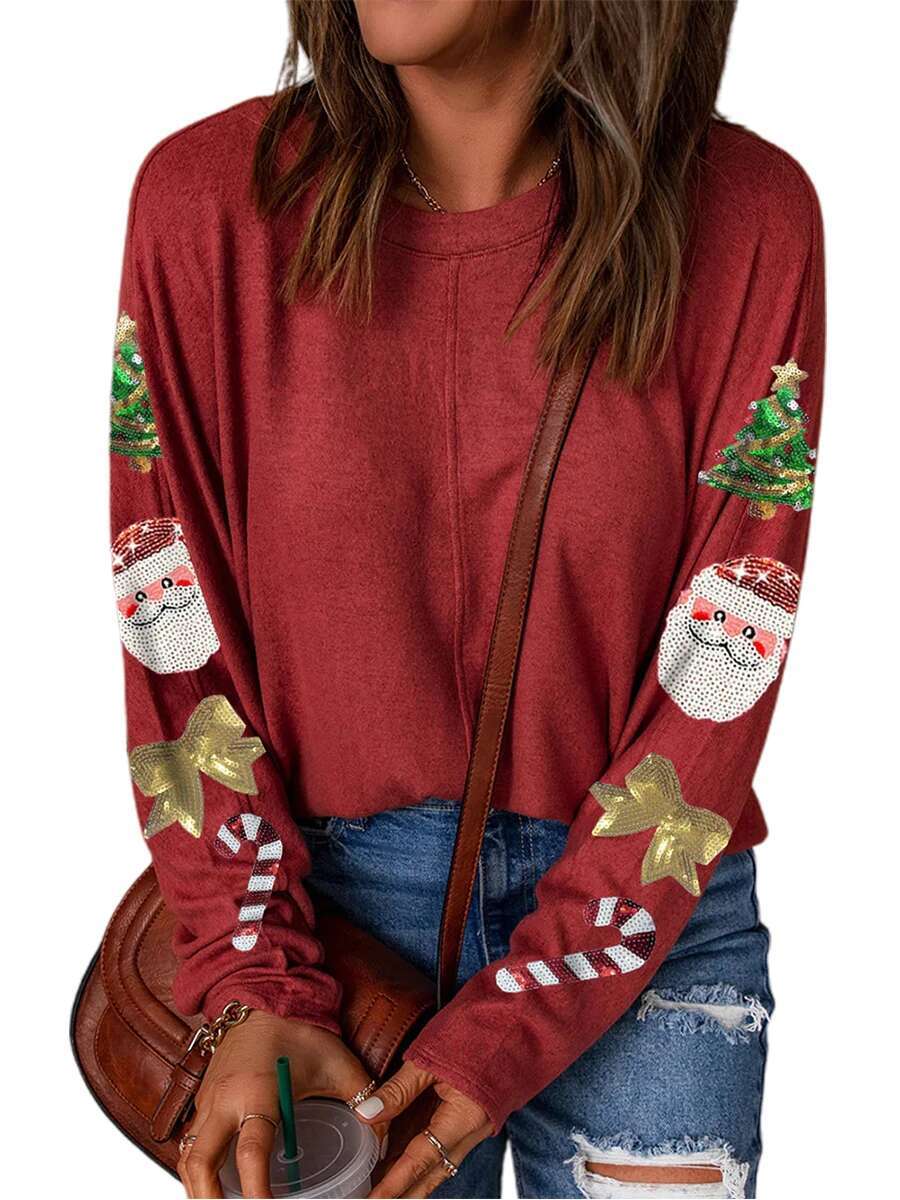 Ddmyshoesvip Women Christmas Tops Reindeer Print Round Neck Long Sleeve Loose Fit Casual T Shirts With Sequins Embellishment