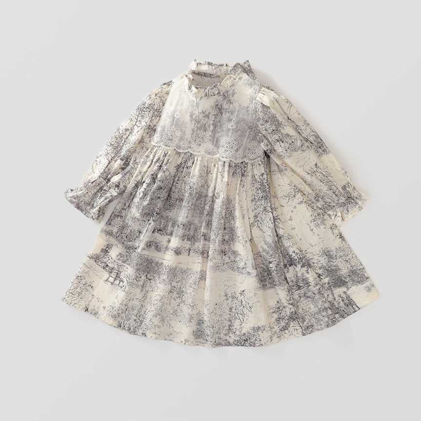 Girls casual dress landscape painting lace stitching work princess dress childrens clothing girls 2 to 7 years wedding dress W250326