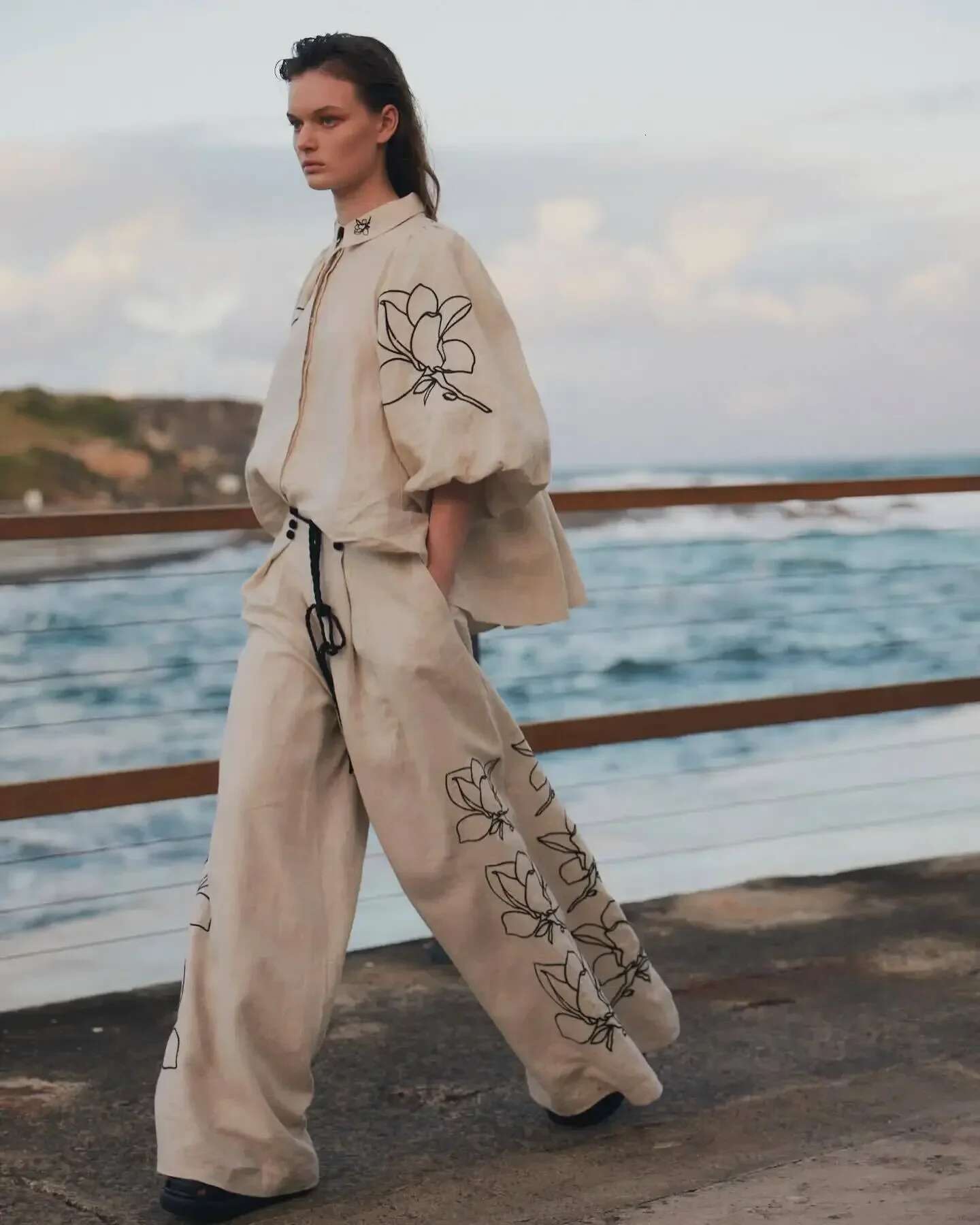 2025 Spring Cotton en Women Suit Print Wrist Sleeve Top Lace Up Wide-Leg Pants Suits Female Winter Casual Trendy Lady Clothes