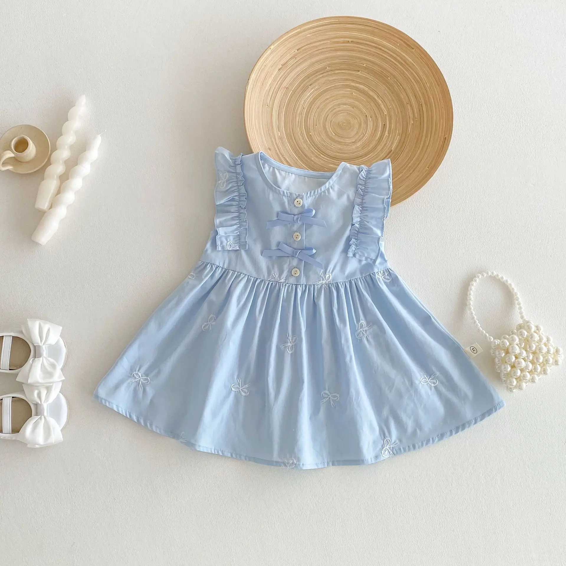 Girls Sweet Solid Color Dress 2025 Summer New Style Ruffle Shoulder Bow Embroidered Loose Childrens Dress W250326