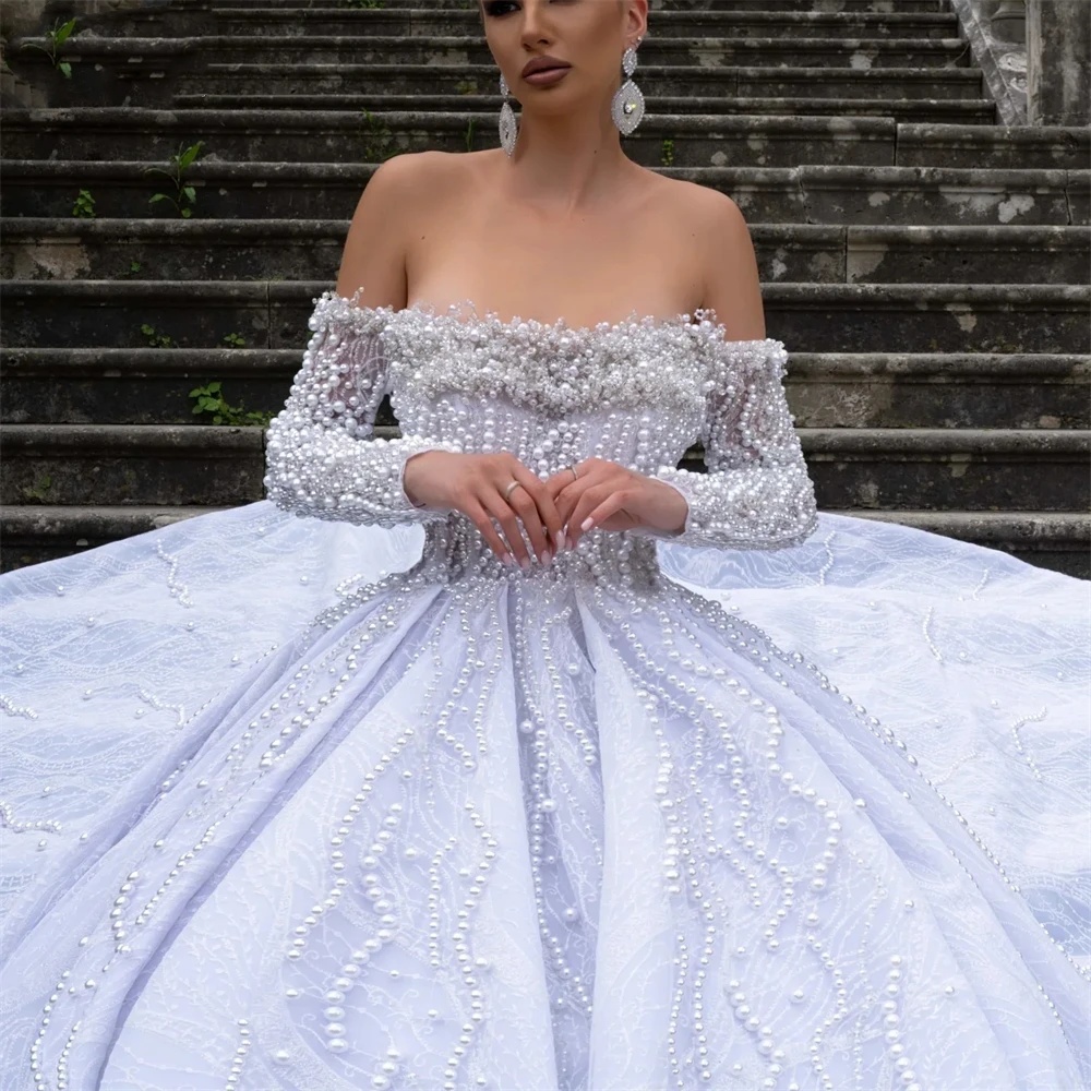 Exquisite Ball Gown Wedding Dress Off Shoulder Sleeveless Bridal Gowns Pearls Sweep Train Dresses Custom Made vestidos de novia