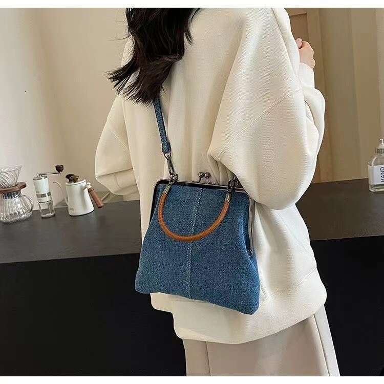 2024 autumn new women's handbag handmade denim splicing hand-held crossbody small shoulder bag