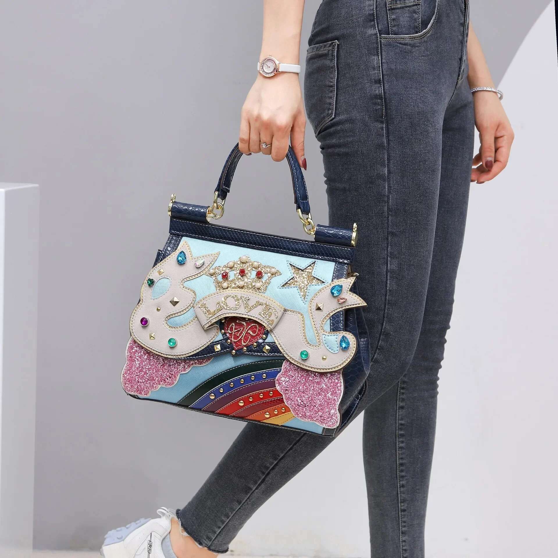 Classic Frame Appliques Serpentine Leather Shoulder Bag 3D Decoration Crossbody Bags For Women Bolsa Feminina