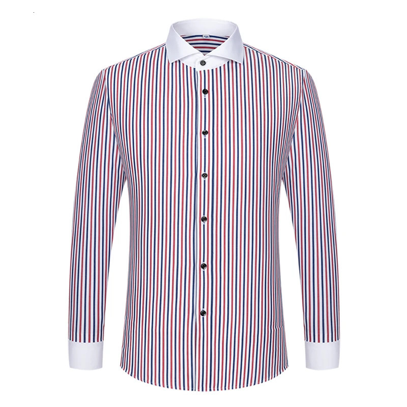 2024 mens long sleeved slim fit striped Windsor collar contrasting color business casual single line shirt 250326