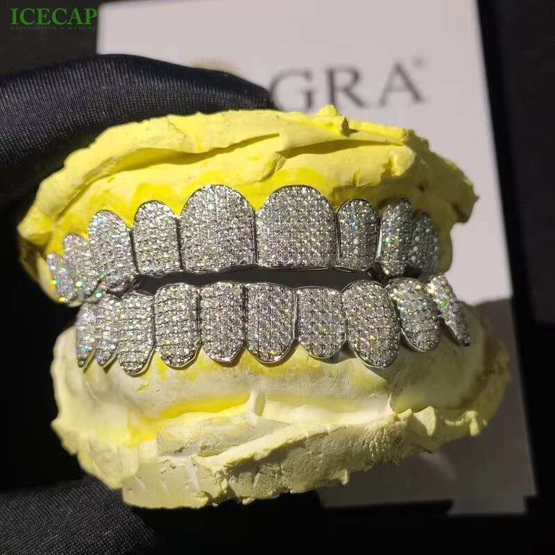 Hip Hop Jewelry Custom Honeycomb Inlay Grillz Deep Cut 925 Sterling Silver VVS Moissanite Diamonds Teeth Grillz
