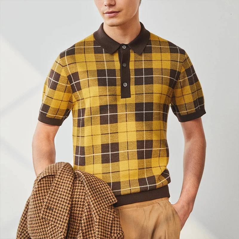 Summer mens checkered knitted short sleeved polo shirt business casual breathable fashionable highquality 250326