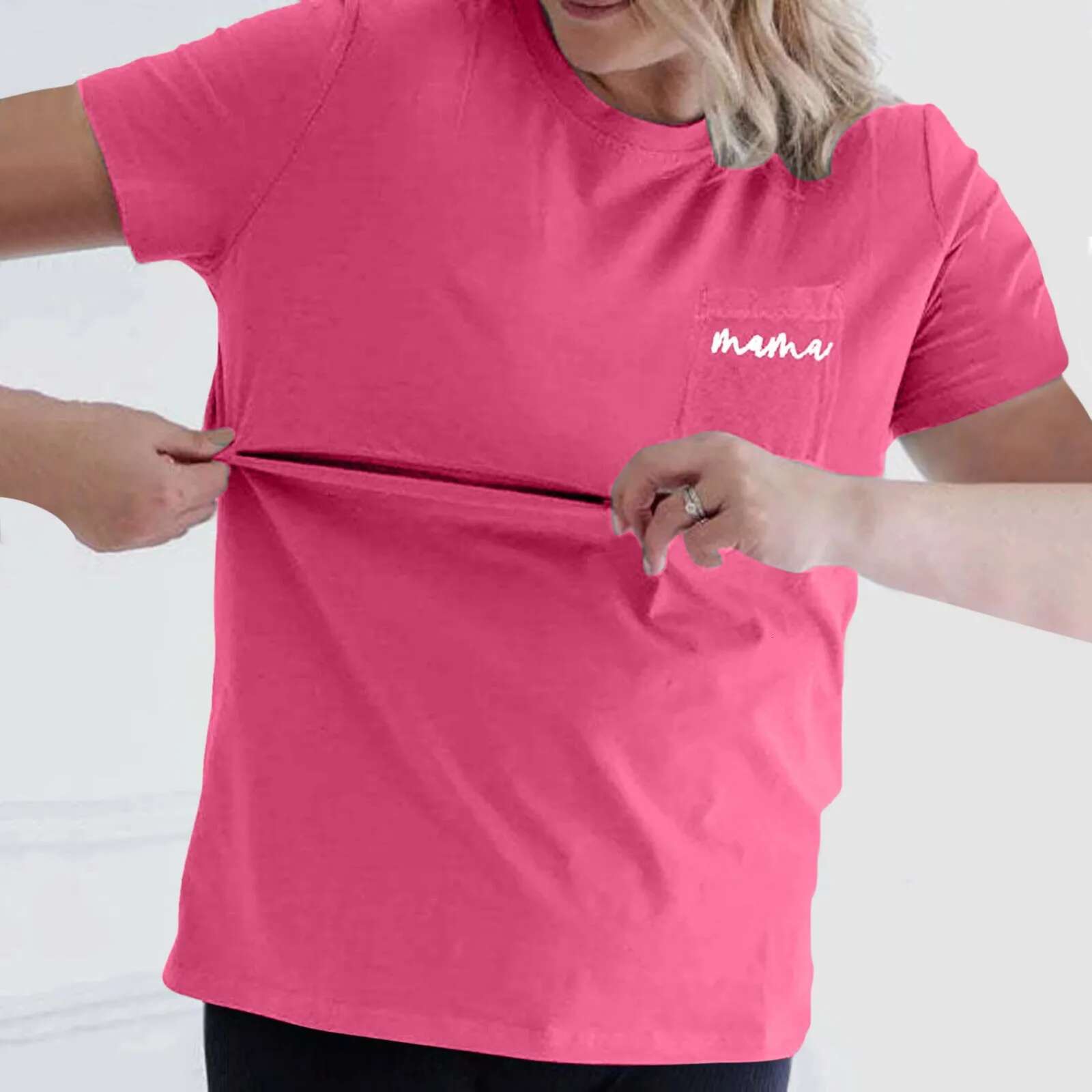 Ddmyshoesvip Comfortable Minimalism Nursing Mama Zip Solid Short Sleeves Loose Top Round Neck Casual Pocket Maternity T Shirt
