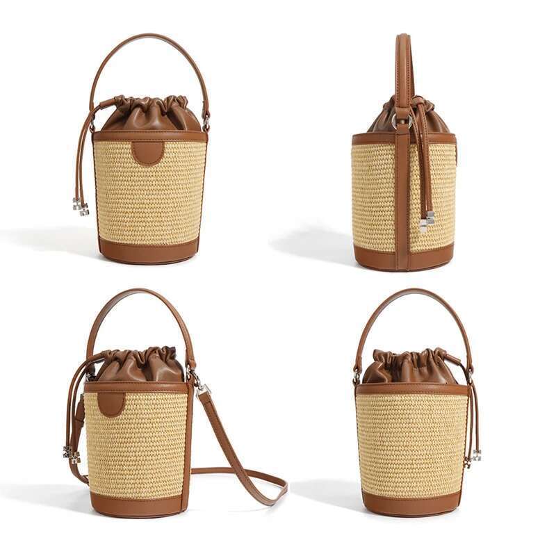Women's Bags New Women Bucket Handbag Lady Sheepskin Canvas Straw plaited Crossbody Shoulder Bag Female Niche Ins Mini Messenger